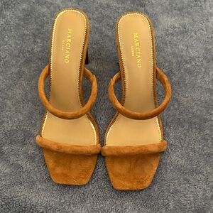 Marciano Suede Double-Strap Slide Heels in Cognac